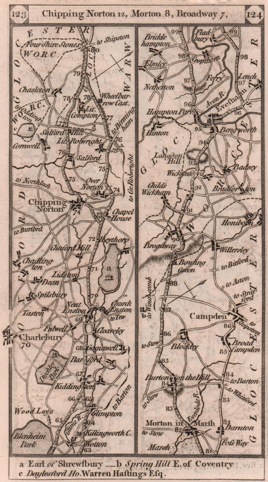 Chipping Norton/Campden-Broadway-Evesham road strip map PATERSON 1803 old